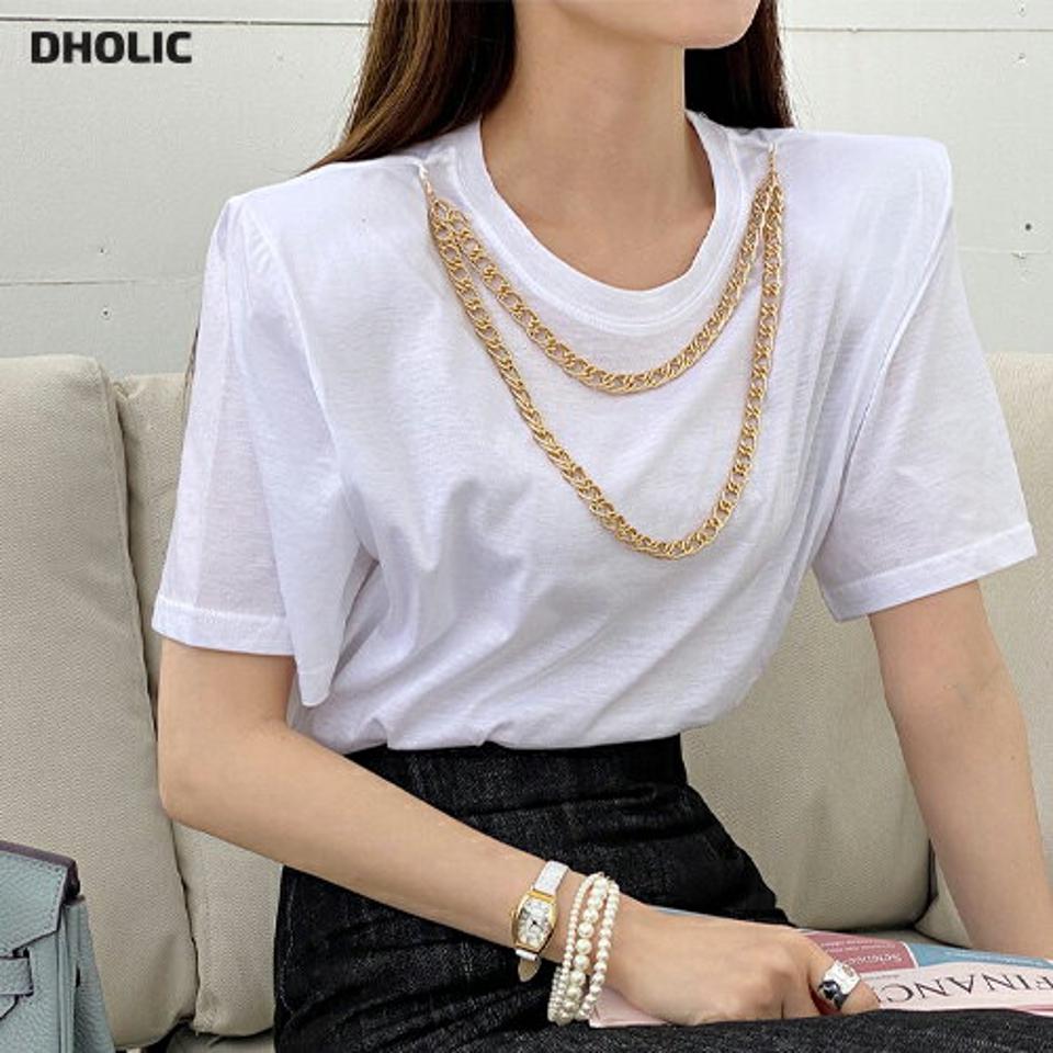 2TYPEストラップ付Tシャツ・全10色・t00366 レディース 【tops】トップス Tシャツ 大人 半袖 ラウンドネック ストラップ付 チェーン フェイクパール シンプル フェミニン カジュアル 夏 春 秋 韓国ファッション ハイホリHIHOLLI