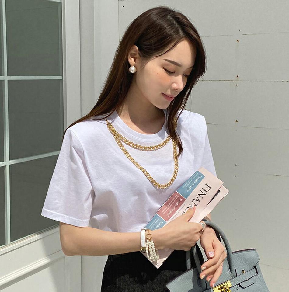 2TYPEストラップ付Tシャツ・全10色・t00366 レディース 【tops】トップス Tシャツ 大人 半袖 ラウンドネック ストラップ付 チェーン フェイクパール シンプル フェミニン カジュアル 夏 春 秋 韓国ファッション ハイホリHIHOLLI