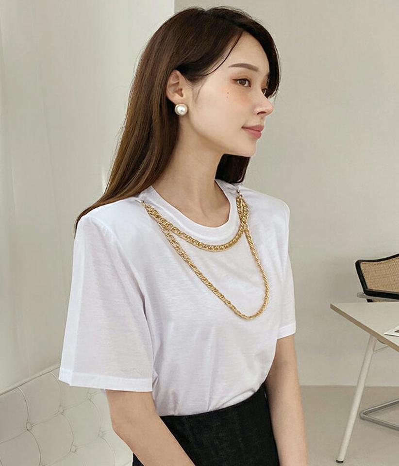 2TYPEストラップ付Tシャツ・全10色・t00366 レディース 【tops】トップス Tシャツ 大人 半袖 ラウンドネック ストラップ付 チェーン フェイクパール シンプル フェミニン カジュアル 夏 春 秋 韓国ファッション ハイホリHIHOLLI