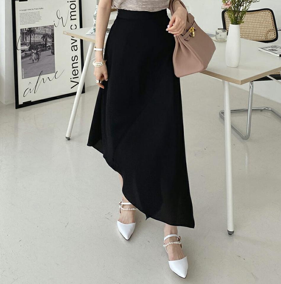 アンバランラッフルススカート・全2色・b00384 レディース 【sk】ボトムス スカート ロング ロングスカート アンバランス ラッフル ロング丈 無地 シンプル 大人 カジュアル フェミニン 春 秋 韓国ファッション ハイホリHIHOLLI