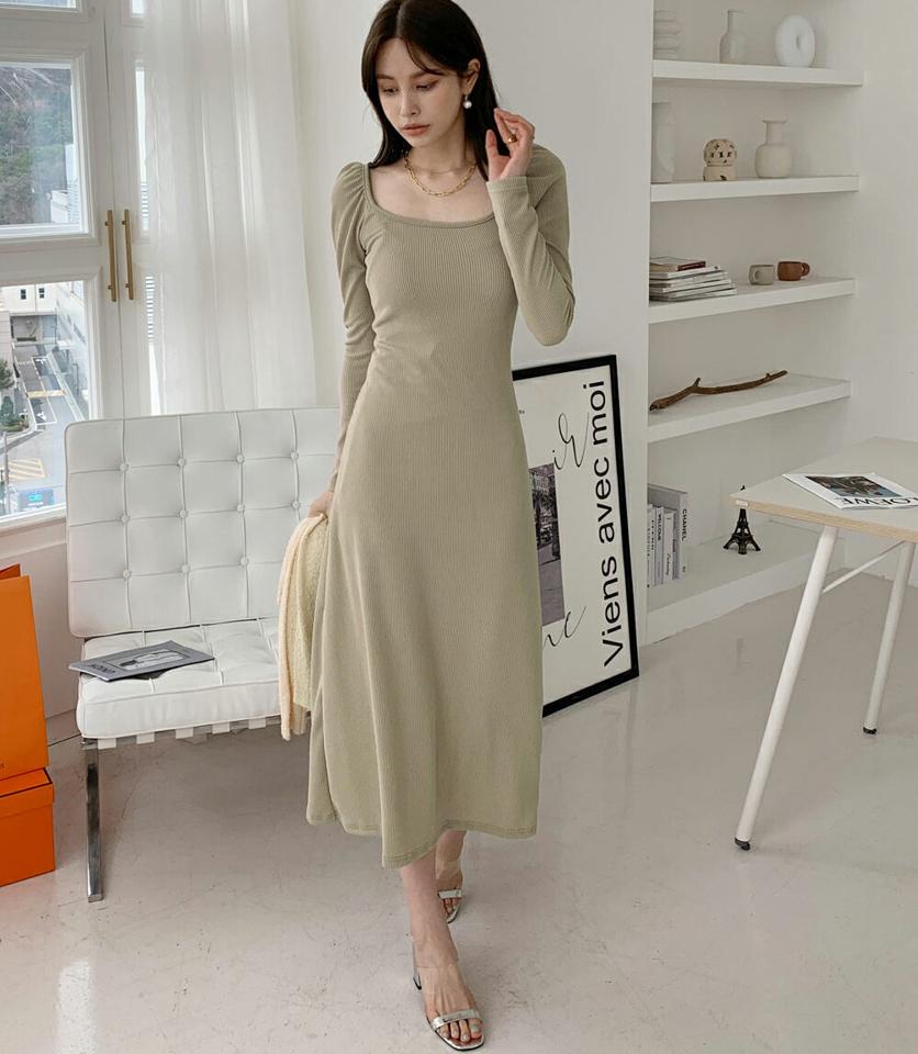 パフスリーブリブワンピース・全3色・b00379 レディース 【ops】ワンピース ロング ロングワンピース 長袖 Uネック パフスリーブ リブ デコルテ ギャザー ロング丈 無地 シンプル フェミニン 春 秋 韓国ファッション ハイホリHIHOLLI