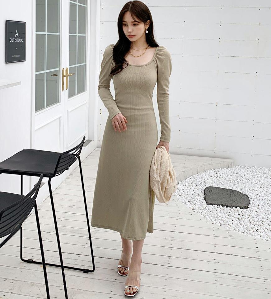 パフスリーブリブワンピース・全3色・b00379 レディース 【ops】ワンピース ロング ロングワンピース 長袖 Uネック パフスリーブ リブ デコルテ ギャザー ロング丈 無地 シンプル フェミニン 春 秋 韓国ファッション ハイホリHIHOLLI