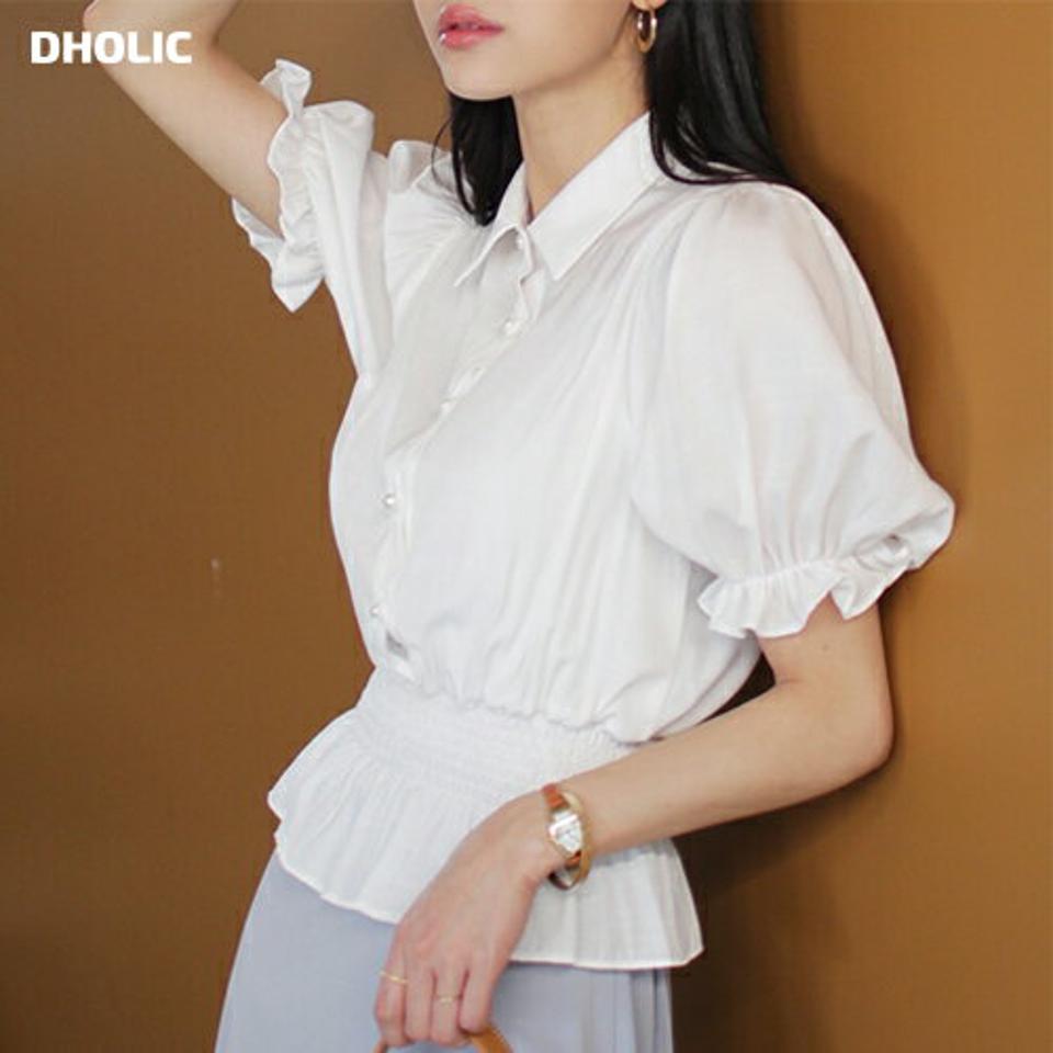 パール調ボタンシャーリングカラーブラウス・全3色 レディース 【bl】ブラウス トップス 半袖 単色 無地 シンプル 襟 パフスリーブ パール調 ボタン シャーリング フリル クロップド丈 ガーリー フェミニン 韓国ファッション ハイホリHIHOLLI