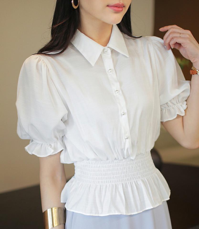 パール調ボタンシャーリングカラーブラウス・全3色 レディース 【bl】ブラウス トップス 半袖 単色 無地 シンプル 襟 パフスリーブ パール調 ボタン シャーリング フリル クロップド丈 ガーリー フェミニン 韓国ファッション ハイホリHIHOLLI