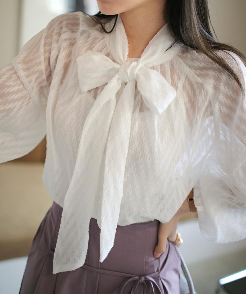 【スーパーセール特価】ジグザグシアーボウタイラウス・全3色 レディース 【bl】ブラウス トップス 長袖 シアー 透け感 リボン 模様 柄 春 秋 ボウタイ ジグザグ タイ パフスリーブ パフ袖 上品 きれいめ 可愛い かわいい パステル 韓国ファッション ハイホリHIHOLLI