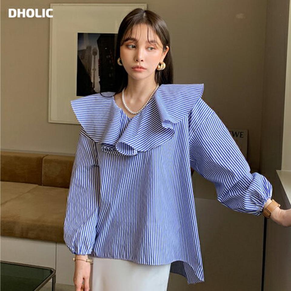 ラッフルVネックストライプブラウス・全2色 レディース 【bl】ブラウス トップス 長袖 襟コン Vネック 鎖骨 デコルテ ラッフル フリル ストライプ 模様 柄 楽ちん 上品 きれいめ フェミニン 春 秋 韓国ファッション ハイホリHIHOLLI