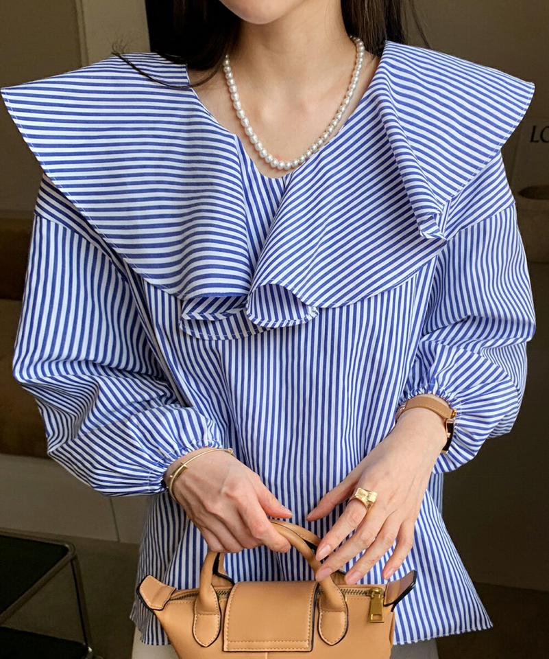 ラッフルVネックストライプブラウス・全2色 レディース 【bl】ブラウス トップス 長袖 襟コン Vネック 鎖骨 デコルテ ラッフル フリル ストライプ 模様 柄 楽ちん 上品 きれいめ フェミニン 春 秋 韓国ファッション ハイホリHIHOLLI
