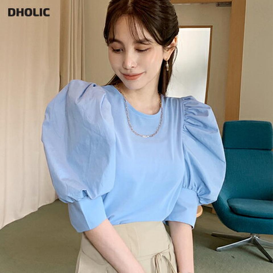 コントラストパフスリーブTシャツ・全5色 レディース 【tops】トップス 半袖 五分丈 5分丈 単色 無地 シンプル パフスリーブ パフ袖 パステル 春 夏 上品 フェミニン ガーリー 可愛い かわいい 韓国ファッション ハイホリHIHOLLI