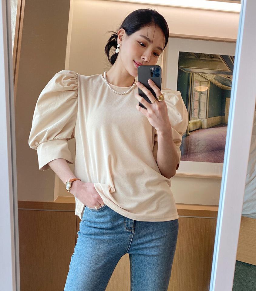 コントラストパフスリーブTシャツ・全5色 レディース 【tops】トップス 半袖 五分丈 5分丈 単色 無地 シンプル パフスリーブ パフ袖 パステル 春 夏 上品 フェミニン ガーリー 可愛い かわいい 韓国ファッション ハイホリHIHOLLI