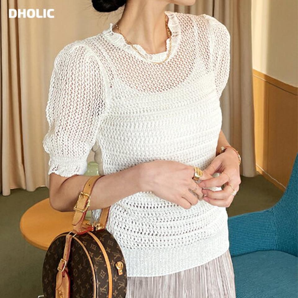 リネン混スカラップパフシアーニット・全3色 レディース 【tops】トップス ニット 半袖 サマーニット シアー 透け感 リネンブレンド 春 夏 パフスリーブ パフ袖 柄 模様 フェミニン 可愛い かわいい ガーリー 透かし編み 韓国ファッション ハイホリHIHOLLI