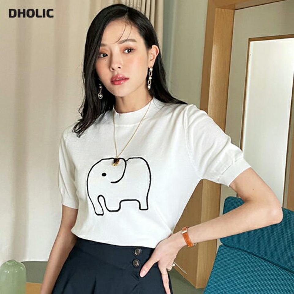 エレファント刺繍半袖ニット・全3色 レディース 【tops】トップス Tシャツ ニット キャラクター モチーフ 刺繍 半袖 ラウンドネック シンプル 可愛い かわいい カジュアル 春 夏 サマーニット 韓国ファッション ハイホリHIHOLLI