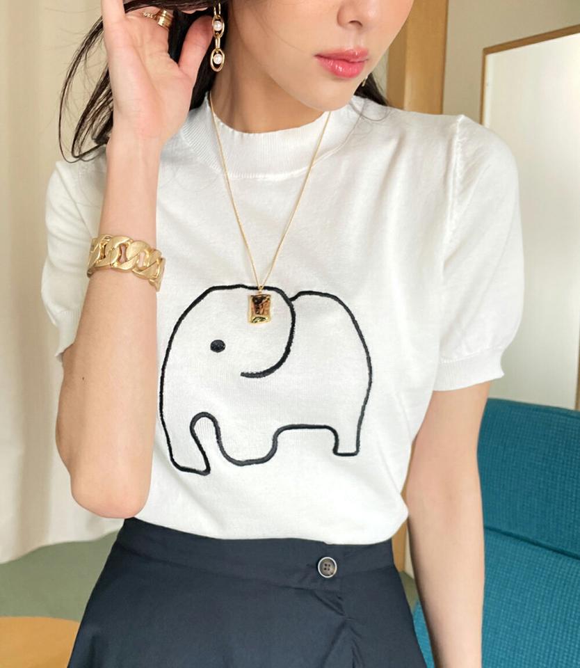 エレファント刺繍半袖ニット・全3色 レディース 【tops】トップス Tシャツ ニット キャラクター モチーフ 刺繍 半袖 ラウンドネック シンプル 可愛い かわいい カジュアル 春 夏 サマーニット 韓国ファッション ハイホリHIHOLLI