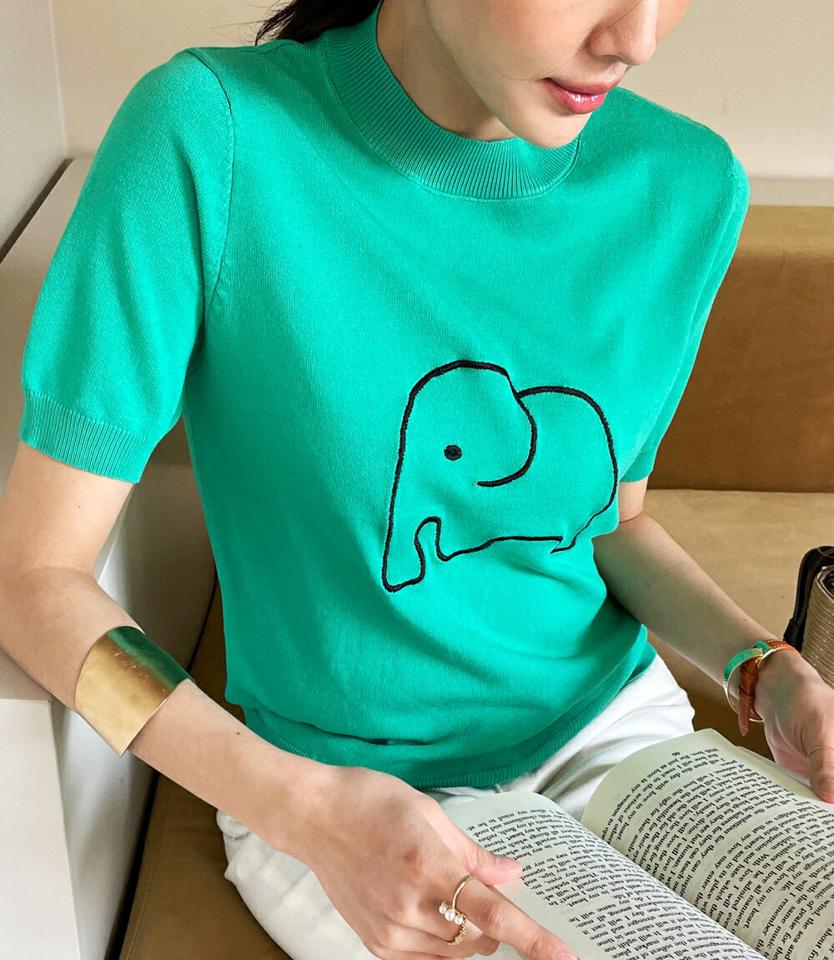 エレファント刺繍半袖ニット・全3色 レディース 【tops】トップス Tシャツ ニット キャラクター モチーフ 刺繍 半袖 ラウンドネック シンプル 可愛い かわいい カジュアル 春 夏 サマーニット 韓国ファッション ハイホリHIHOLLI