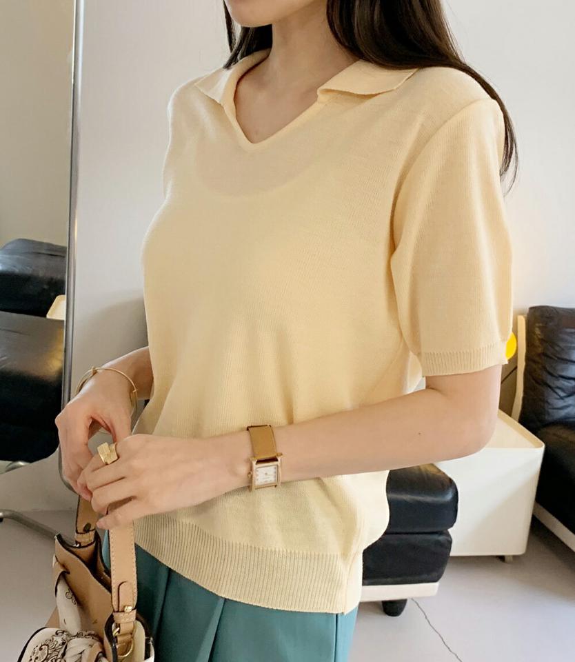 スリットネックカラー半袖ニット・全6色 レディース 【tops】ニット 半袖 ポロ襟 スリット 鎖骨 デコルテ パステル 単色 無地 シンプル 春 夏 可愛い サマーニット Vネック ゆったり 可愛い 黄色 かわいい カジュアル 韓国ファッション ハイホリHIHOLLI