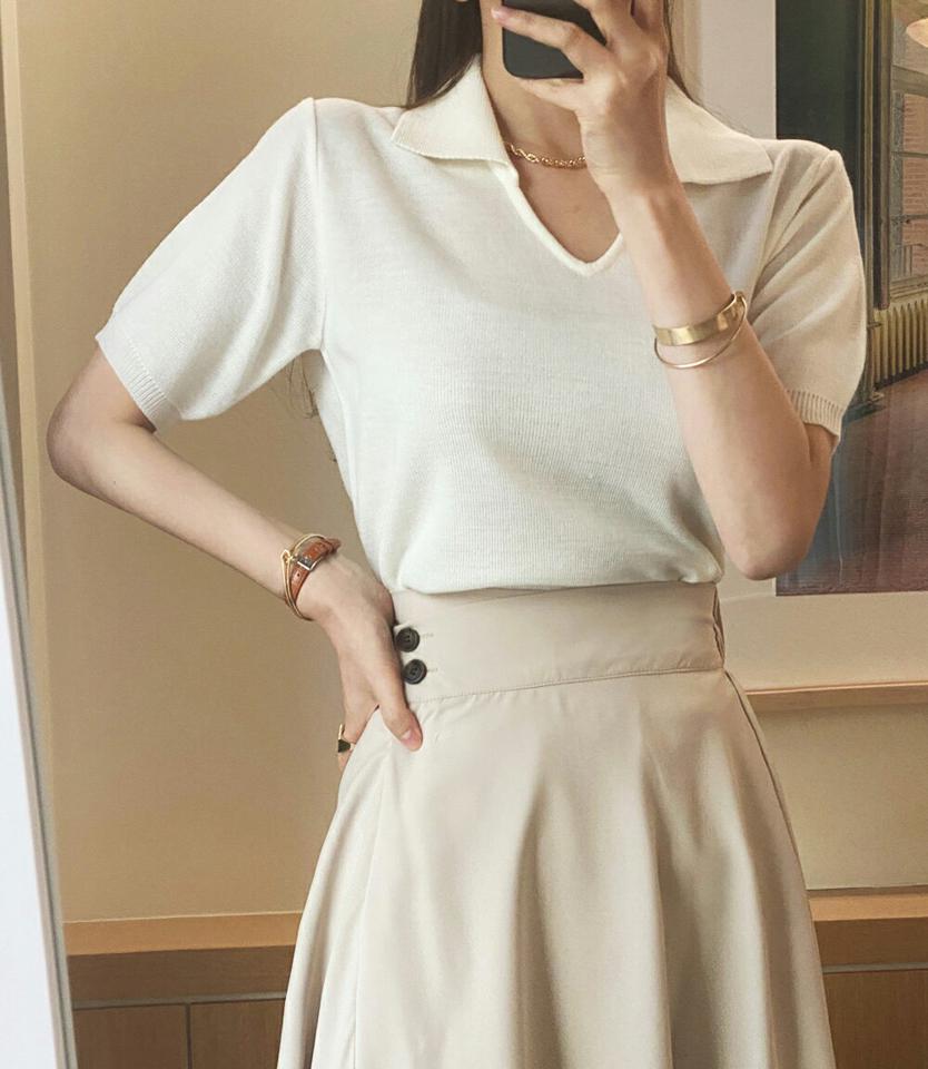 スリットネックカラー半袖ニット・全6色 レディース 【tops】ニット 半袖 ポロ襟 スリット 鎖骨 デコルテ パステル 単色 無地 シンプル 春 夏 可愛い サマーニット Vネック ゆったり 可愛い 黄色 かわいい カジュアル 韓国ファッション ハイホリHIHOLLI