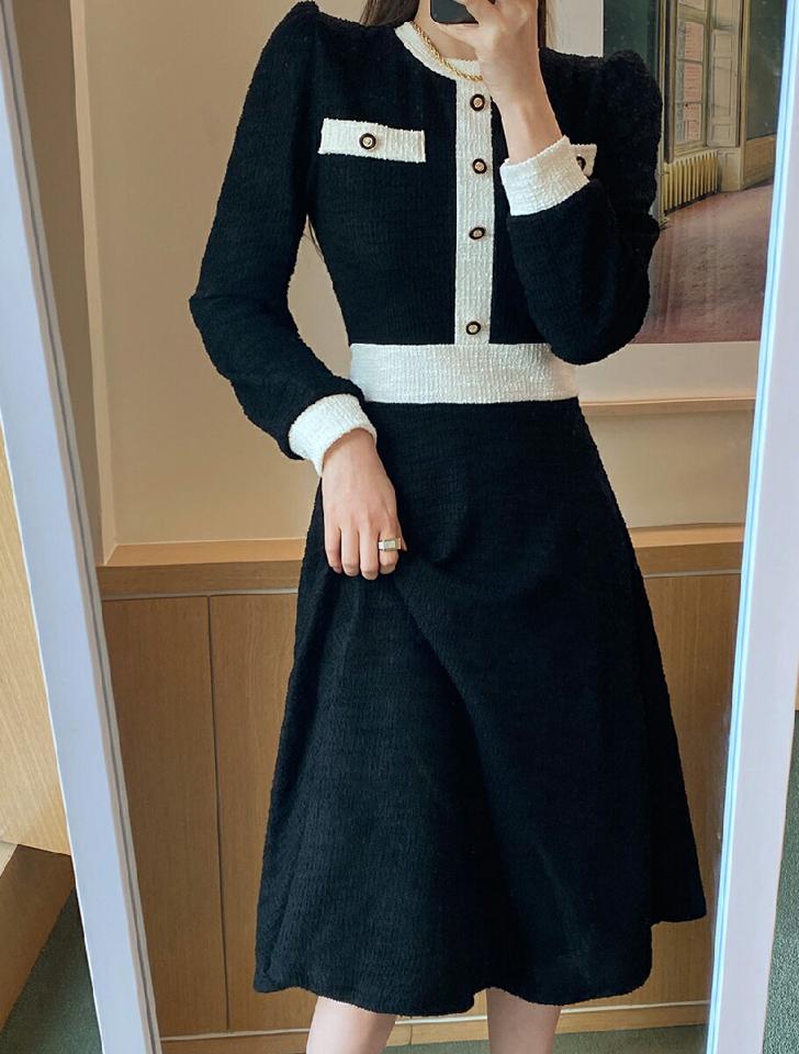 ≪人気商品再入荷≫配色ツイードAラインワンピース・全3色 レディース 【ops】ワンピース ロング丈 ミディ丈 長袖 配色 模様 フレア ツイード 上品 秋 春 ウエストマーク フェミニン 結婚式 オケージョン 韓国ファッション HIHOLLI