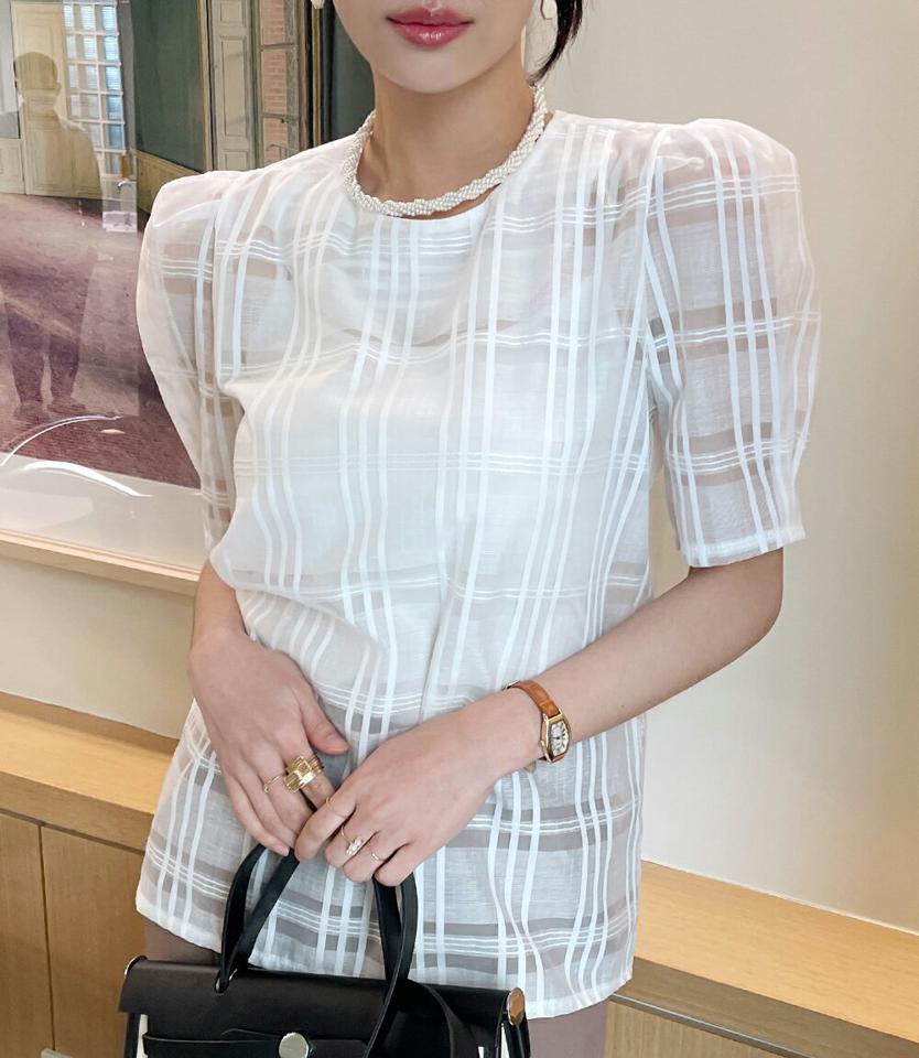 シアーチェックパフブラウス・全3色 レディース 【bl】ブラウス トップス 半袖 柄 模様 チェック パフスリーブ パフ袖 春 夏 フェミニン 上品 ガーリー パステル ゆったり ラウンドネック 韓国ファッション ハイホリHIHOLLI