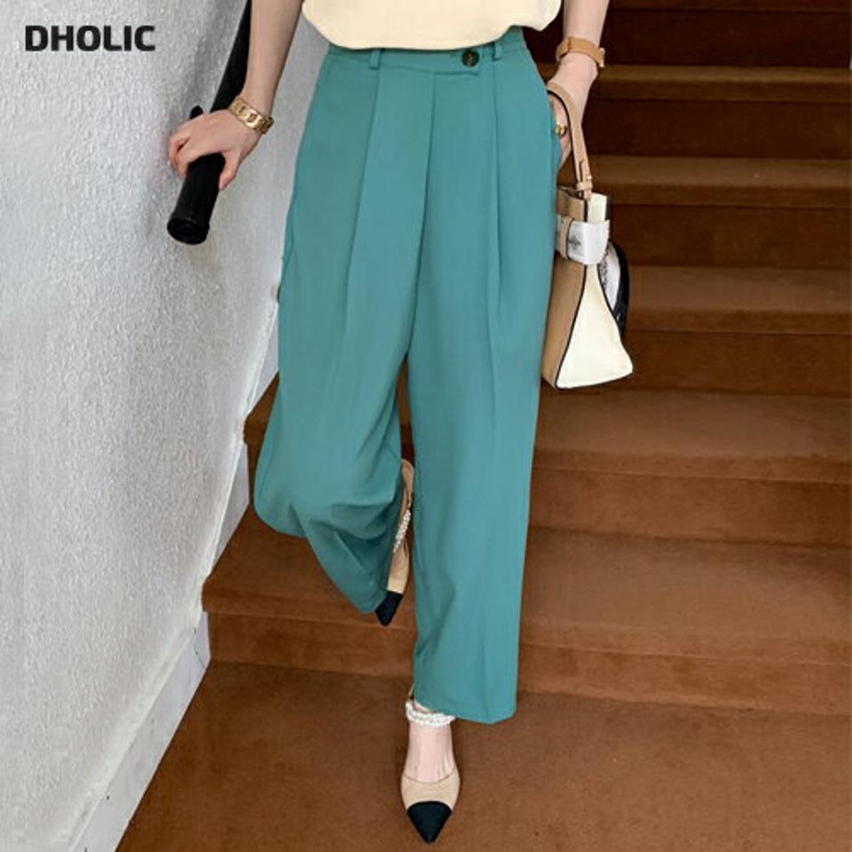 ラップ調ボタンスラックス・全3色 レディース 【pt】スラックス パンツ ロング 丈 単色 無地 シンプル ベーシック カラーパンツ ラップ調 ハイウエスト ワイド ストレート 楽ちん 体型カバー カジュアル 緑 春 夏 秋 韓国ファッション ハイホリHIHOLLI