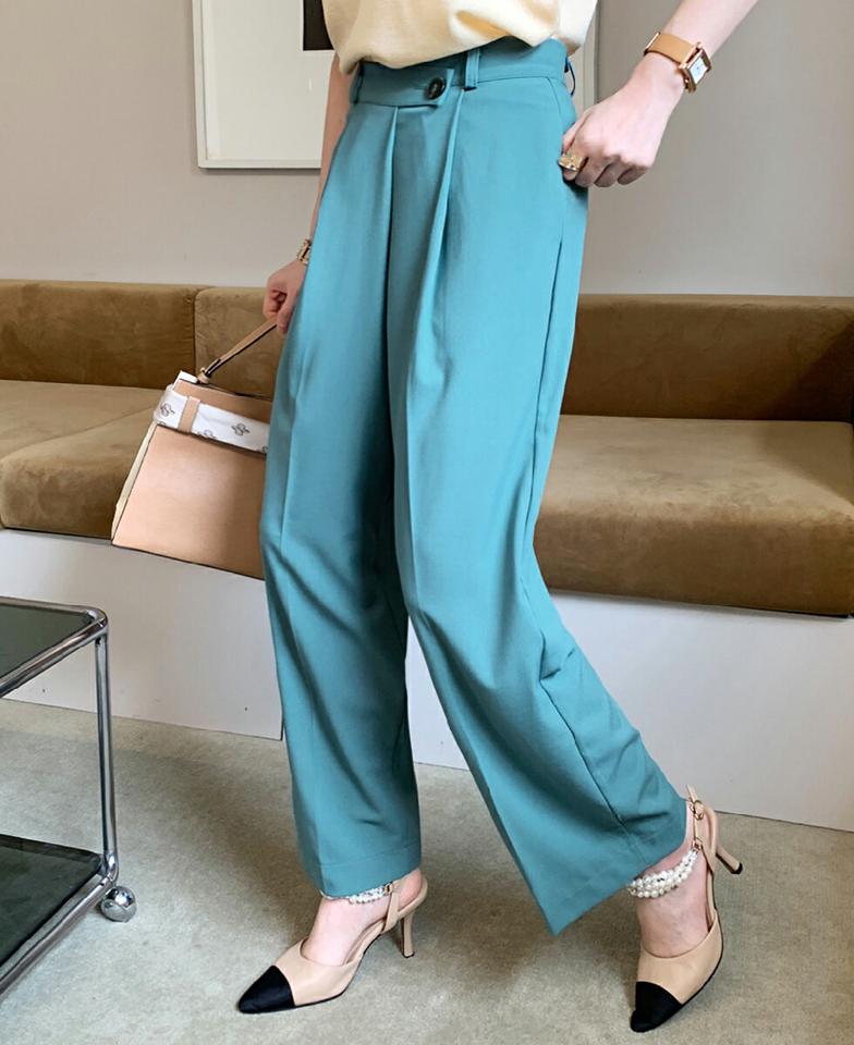 ラップ調ボタンスラックス・全3色 レディース 【pt】スラックス パンツ ロング 丈 単色 無地 シンプル ベーシック カラーパンツ ラップ調 ハイウエスト ワイド ストレート 楽ちん 体型カバー カジュアル 緑 春 夏 秋 韓国ファッション ハイホリHIHOLLI