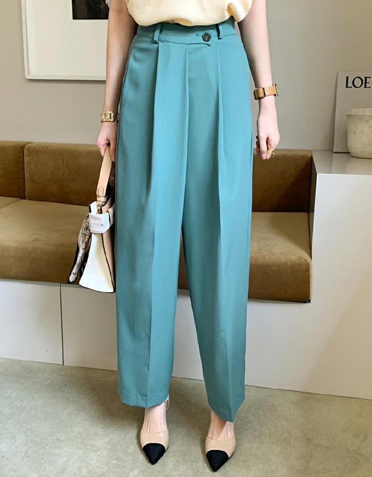 ラップ調ボタンスラックス・全3色 レディース 【pt】スラックス パンツ ロング 丈 単色 無地 シンプル ベーシック カラーパンツ ラップ調 ハイウエスト ワイド ストレート 楽ちん 体型カバー カジュアル 緑 春 夏 秋 韓国ファッション ハイホリHIHOLLI