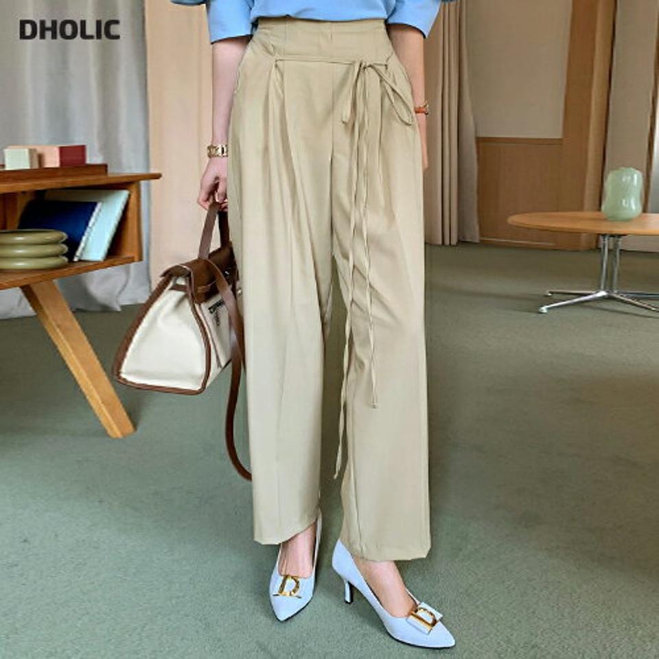 リボンワイドスラックス・全3色 レディース 【pt】スラックス パンツ ロング 丈 単色 無地 シンプル カジュアル ワイド リボン ハイウエスト タック パステル 春 夏 楽ちん 大人っぽ 韓国ファッション ハイホリHIHOLLI