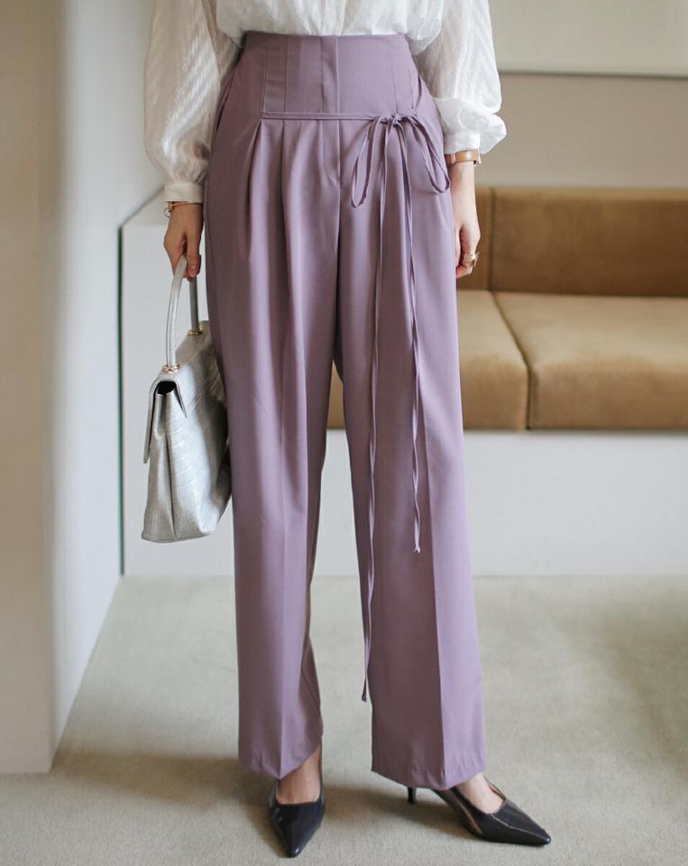 リボンワイドスラックス・全3色 レディース 【pt】スラックス パンツ ロング 丈 単色 無地 シンプル カジュアル ワイド リボン ハイウエスト タック パステル 春 夏 楽ちん 大人っぽ 韓国ファッション ハイホリHIHOLLI