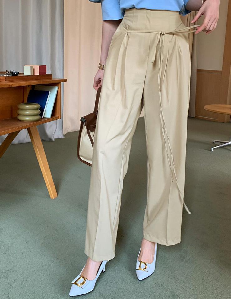 リボンワイドスラックス・全3色 レディース 【pt】スラックス パンツ ロング 丈 単色 無地 シンプル カジュアル ワイド リボン ハイウエスト タック パステル 春 夏 楽ちん 大人っぽ 韓国ファッション ハイホリHIHOLLI