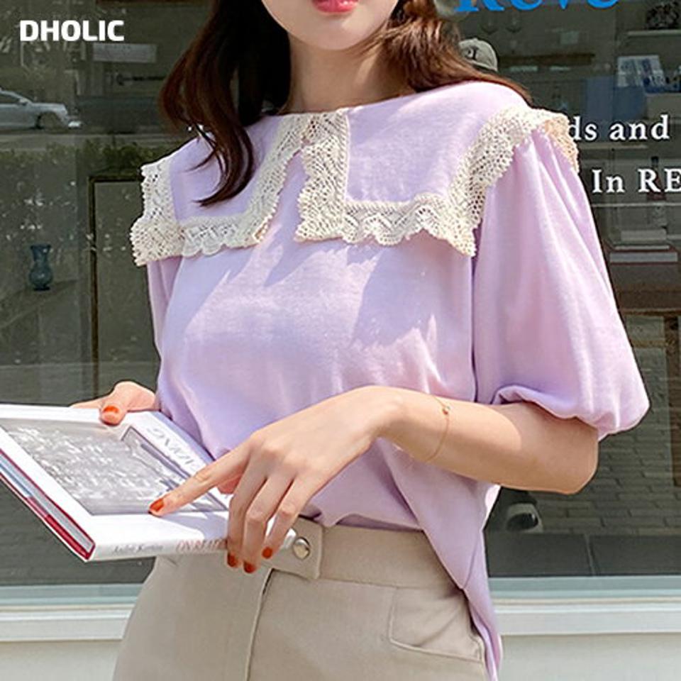 レースコントラストセーラーカラーTシャツ・全4色・t00449 レディース 【tops】トップス Tシャツ 半袖 ハーフスリーブ セーラーカラー 襟コン レース かわいい 可愛い ガーリー ギャザー シンプル 春 夏 韓国ファッション