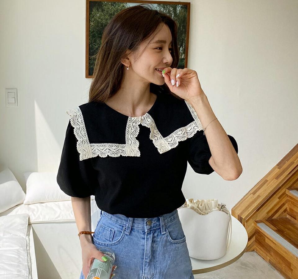 レースコントラストセーラーカラーTシャツ・全4色・t00449 レディース 【tops】トップス Tシャツ 半袖 ハーフスリーブ セーラーカラー 襟コン レース かわいい 可愛い ガーリー ギャザー シンプル 春 夏 韓国ファッション