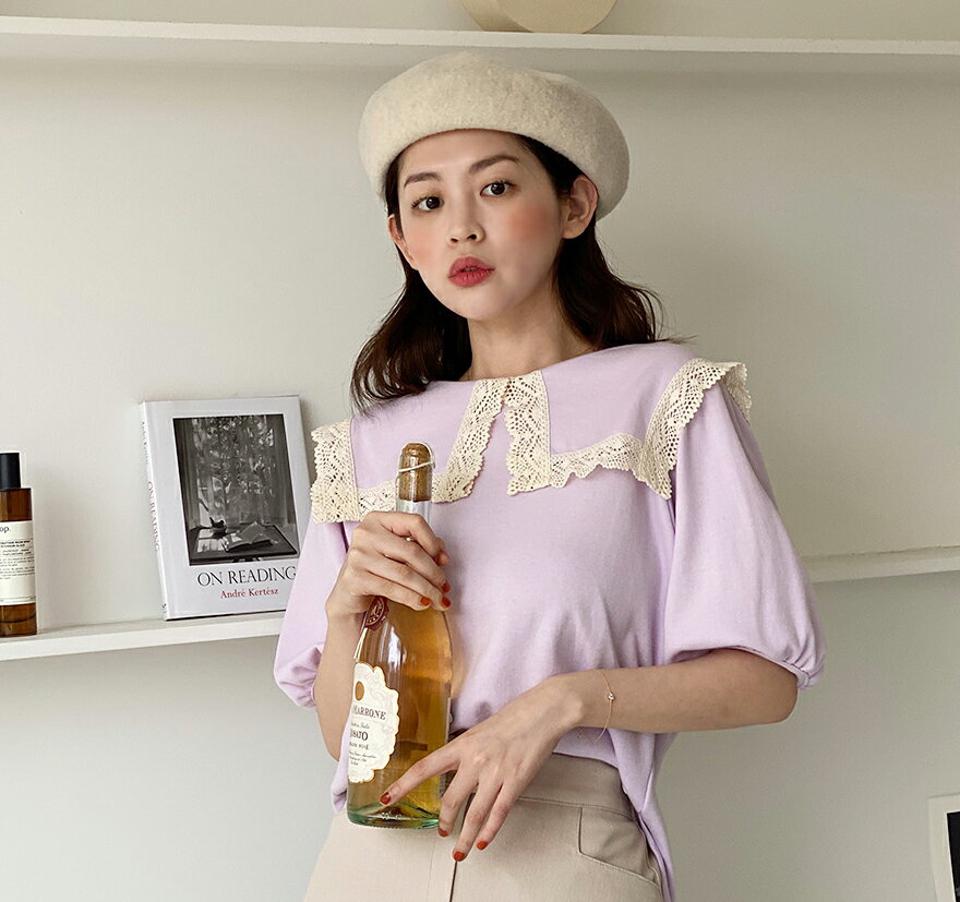 レースコントラストセーラーカラーTシャツ・全4色・t00449 レディース 【tops】トップス Tシャツ 半袖 ハーフスリーブ セーラーカラー 襟コン レース かわいい 可愛い ガーリー ギャザー シンプル 春 夏 韓国ファッション