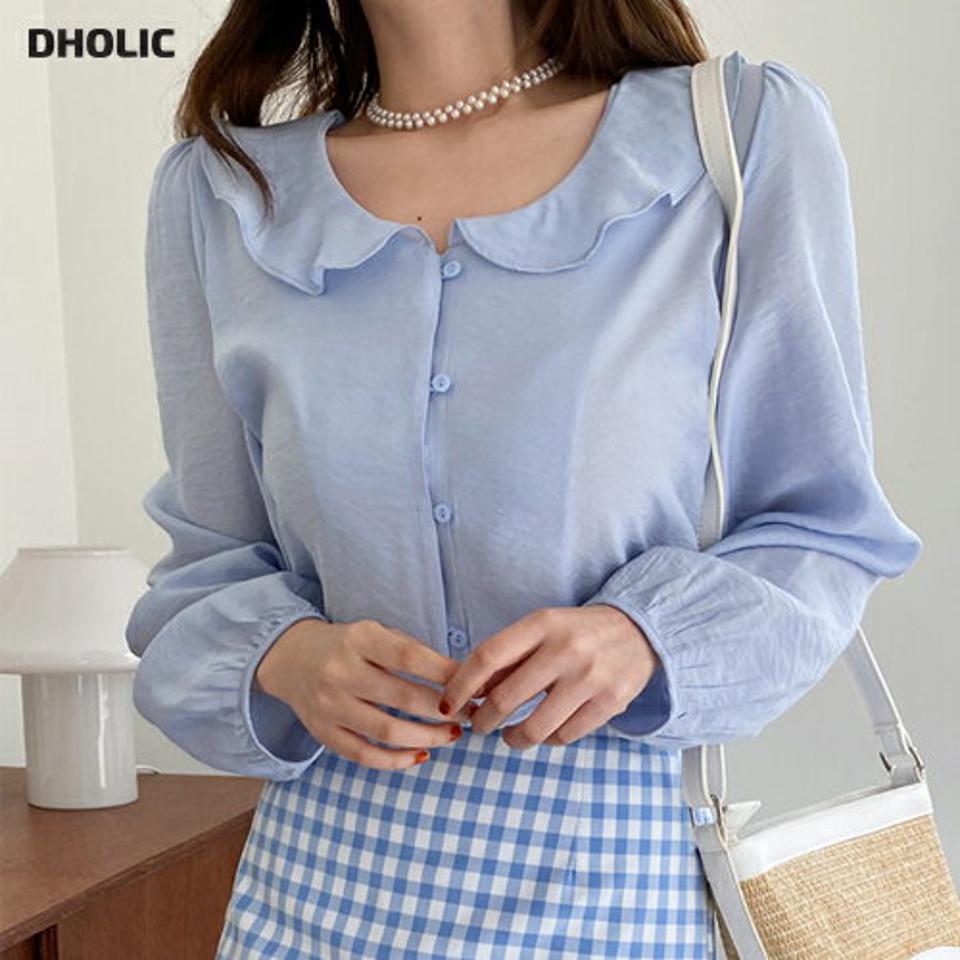 フリルカラークロップドブラウス・全4色・t00453 レディース 【bl】トップス ブラウス 長袖 襟コン フリル クロップド丈 単色 無地 シンプル かわいい 可愛い 水色 パステル ガーリー 春 秋 韓国ファッション