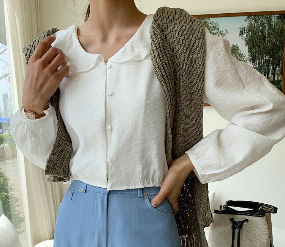 フリルカラークロップドブラウス・全4色・t00453 レディース 【bl】トップス ブラウス 長袖 襟コン フリル クロップド丈 単色 無地 シンプル かわいい 可愛い 水色 パステル ガーリー 春 秋 韓国ファッション