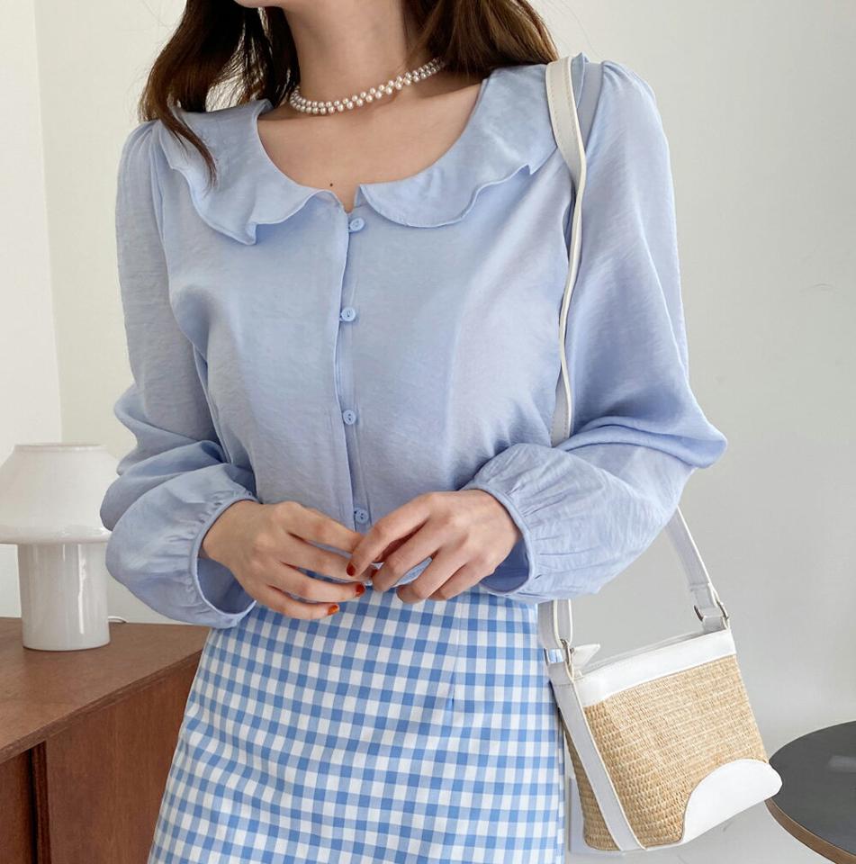 フリルカラークロップドブラウス・全4色・t00453 レディース 【bl】トップス ブラウス 長袖 襟コン フリル クロップド丈 単色 無地 シンプル かわいい 可愛い 水色 パステル ガーリー 春 秋 韓国ファッション