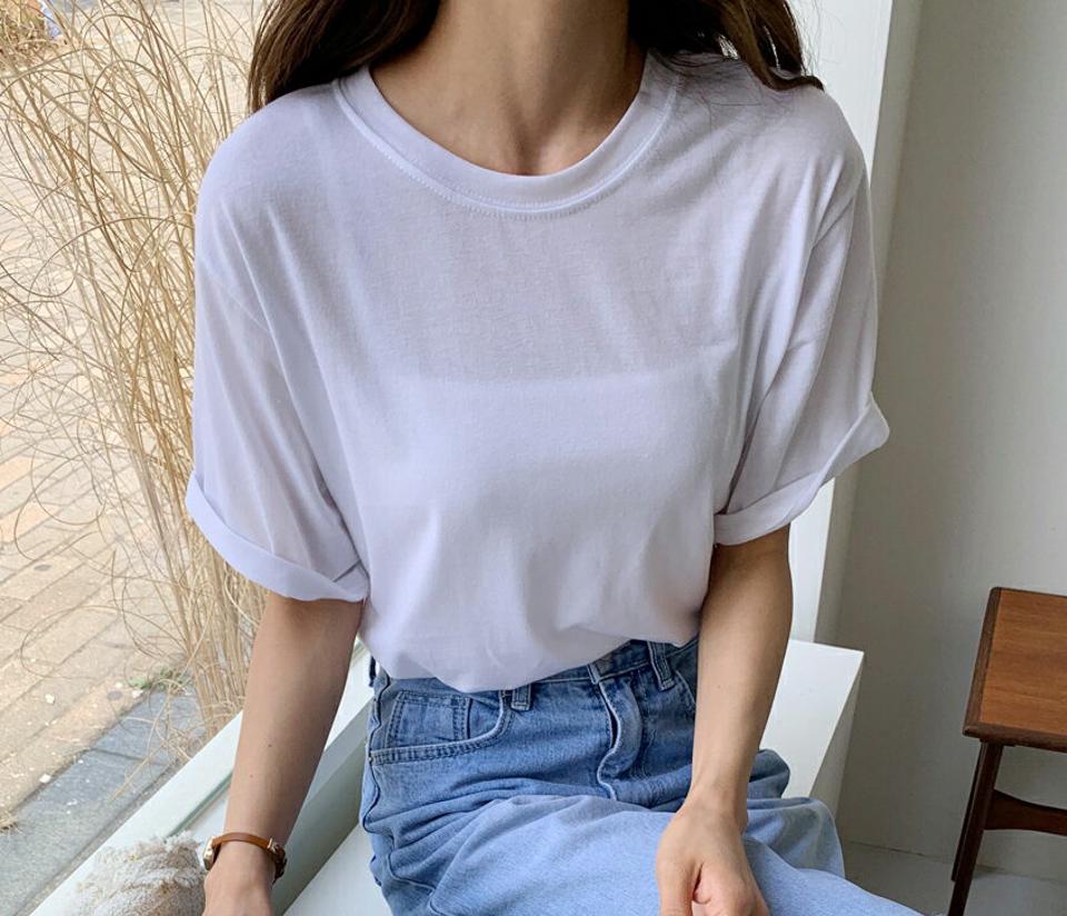 ラウンド半袖Tシャツ・全5色・t00451 レディース 【tops】トップス Tシャツ 半袖 ハーフスリーブ 無地T 単色 無地 シンプル ベーシック カジュアル ラフ ラウンドネック レーヨン 二の腕カバー 春 夏 韓国ファッション