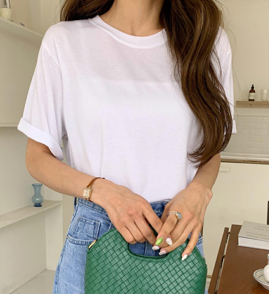 ラウンド半袖Tシャツ・全5色・t00451 レディース 【tops】トップス Tシャツ 半袖 ハーフスリーブ 無地T 単色 無地 シンプル ベーシック カジュアル ラフ ラウンドネック レーヨン 二の腕カバー 春 夏 韓国ファッション