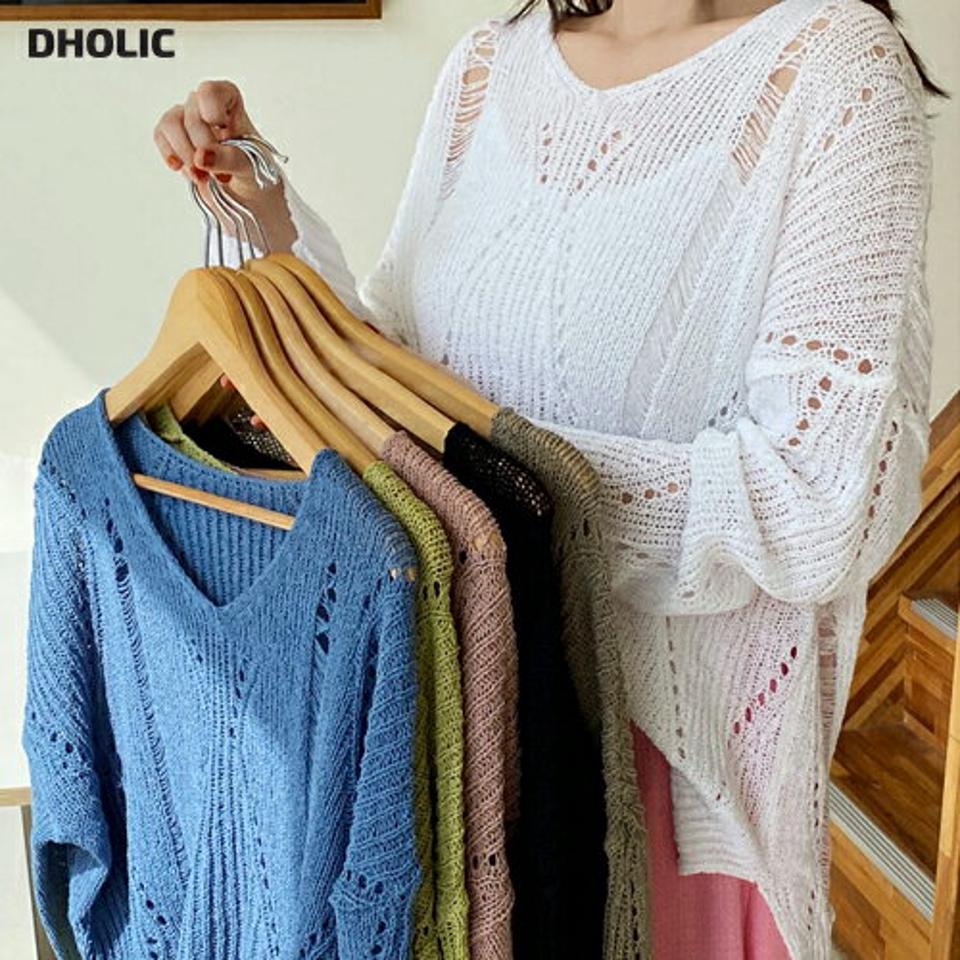 Vネックダメージパンチングニット・全6色・t00456 レディース 【tops】トップス ニット 長袖 パンチングニット ダメージ カジュアル ラフ ゆったり ダイヤ ドロップショルダー サイドスリット 透け感 春 秋 韓国ファッション