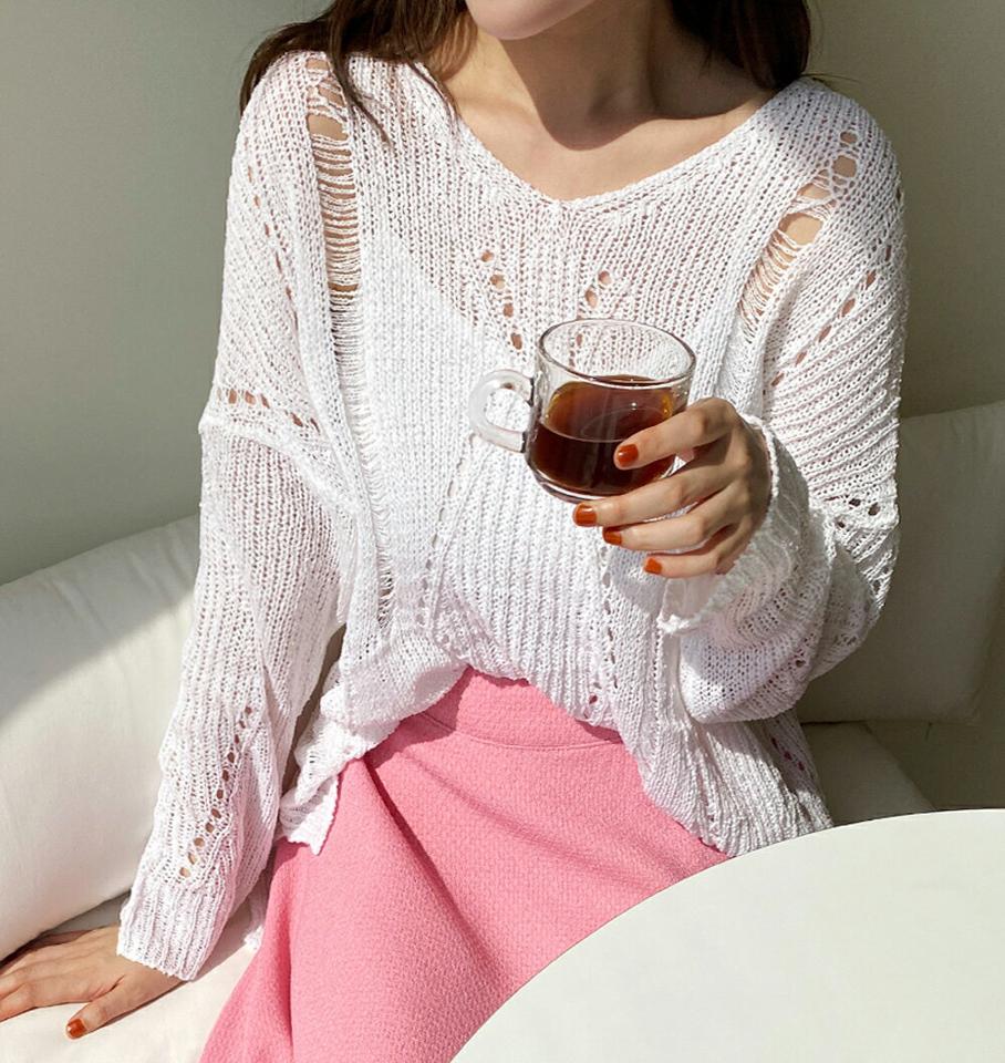 Vネックダメージパンチングニット・全6色・t00456 レディース 【tops】トップス ニット 長袖 パンチングニット ダメージ カジュアル ラフ ゆったり ダイヤ ドロップショルダー サイドスリット 透け感 春 秋 韓国ファッション
