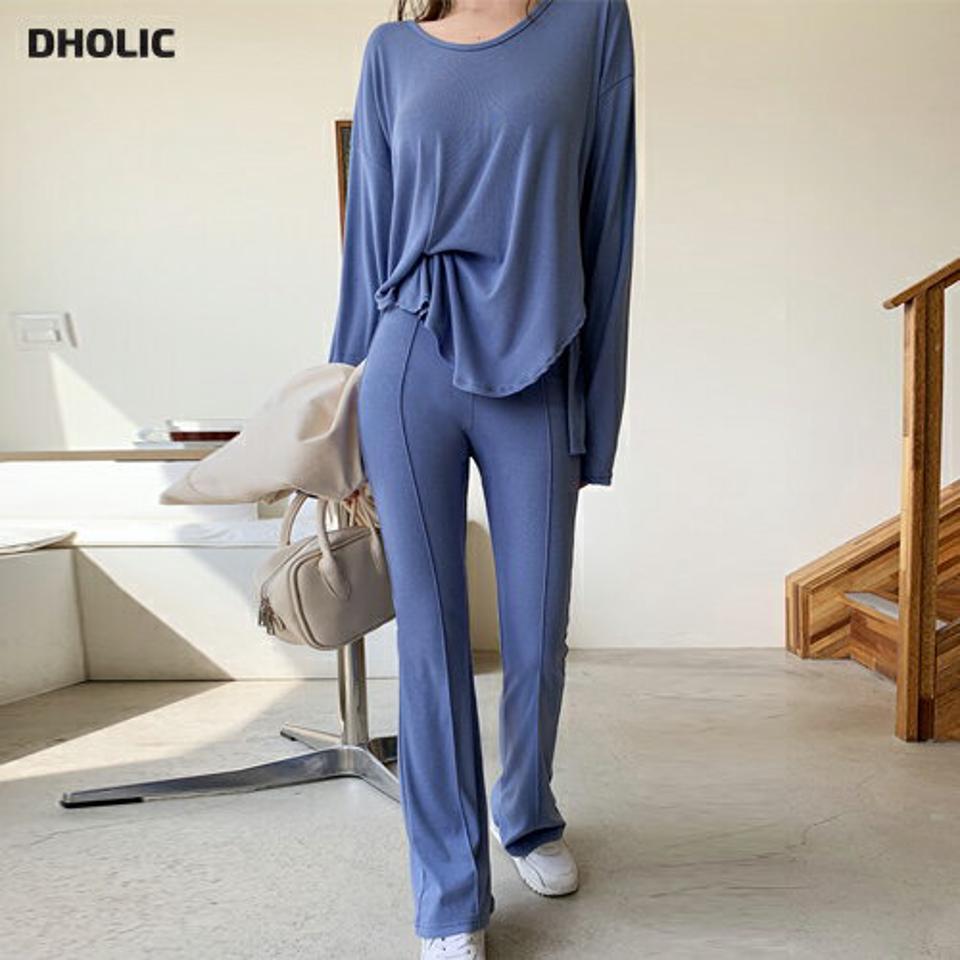 UネックラウンドヘムTシャツ&イージーフレアパンツSET・全3色・b00460 レディース 【pt】セットアップ setup トップス Tシャツ 長袖 ロンT パンツ ズボン フレア ウエストゴム 単色 無地 シンプル ラフ カジュル 春 秋 韓国ファッション