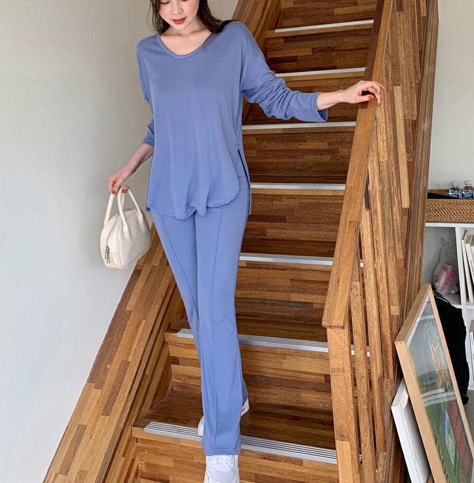 UネックラウンドヘムTシャツ&イージーフレアパンツSET・全3色・b00460 レディース 【pt】セットアップ setup トップス Tシャツ 長袖 ロンT パンツ ズボン フレア ウエストゴム 単色 無地 シンプル ラフ カジュル 春 秋 韓国ファッション