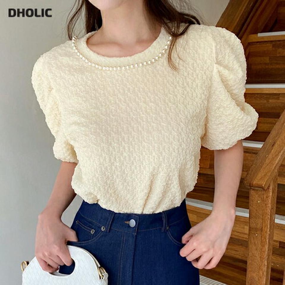 フェイクパールテクスチャー半袖Tシャツ・全3色・b00447 レディース 【tops】トップス Tシャツ 半袖 パフ袖 パフスリーブ パール 襟コン フェミニン かわいい 可愛い きれいめ 黄色 春 夏 韓国ファッション