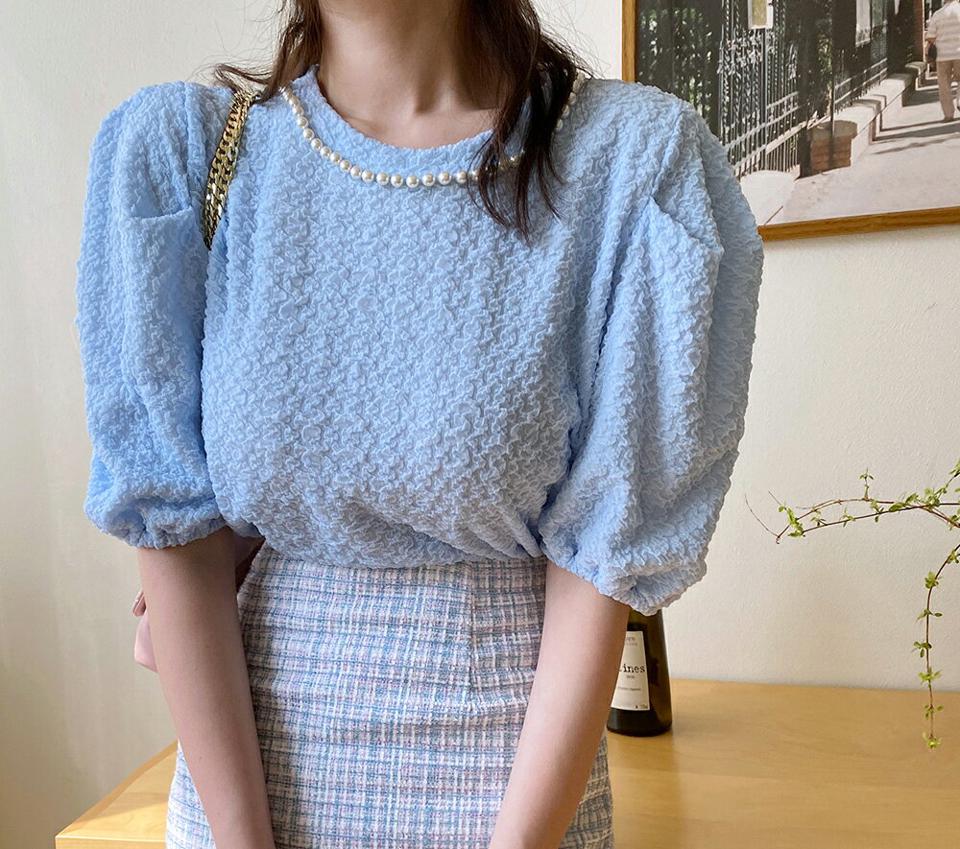 フェイクパールテクスチャー半袖Tシャツ・全3色・b00447 レディース 【tops】トップス Tシャツ 半袖 パフ袖 パフスリーブ パール 襟コン フェミニン かわいい 可愛い きれいめ 黄色 春 夏 韓国ファッション