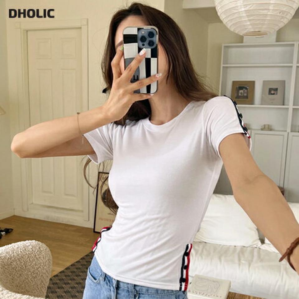 配色テープスリットボタンTシャツ・全2色・t00478 レディース 【tops】トップス Tシャツ 半袖 単色 無地 ボタン 配色 大人 カジュアル ラフ ラウンドネック 春 夏 韓国ファッション