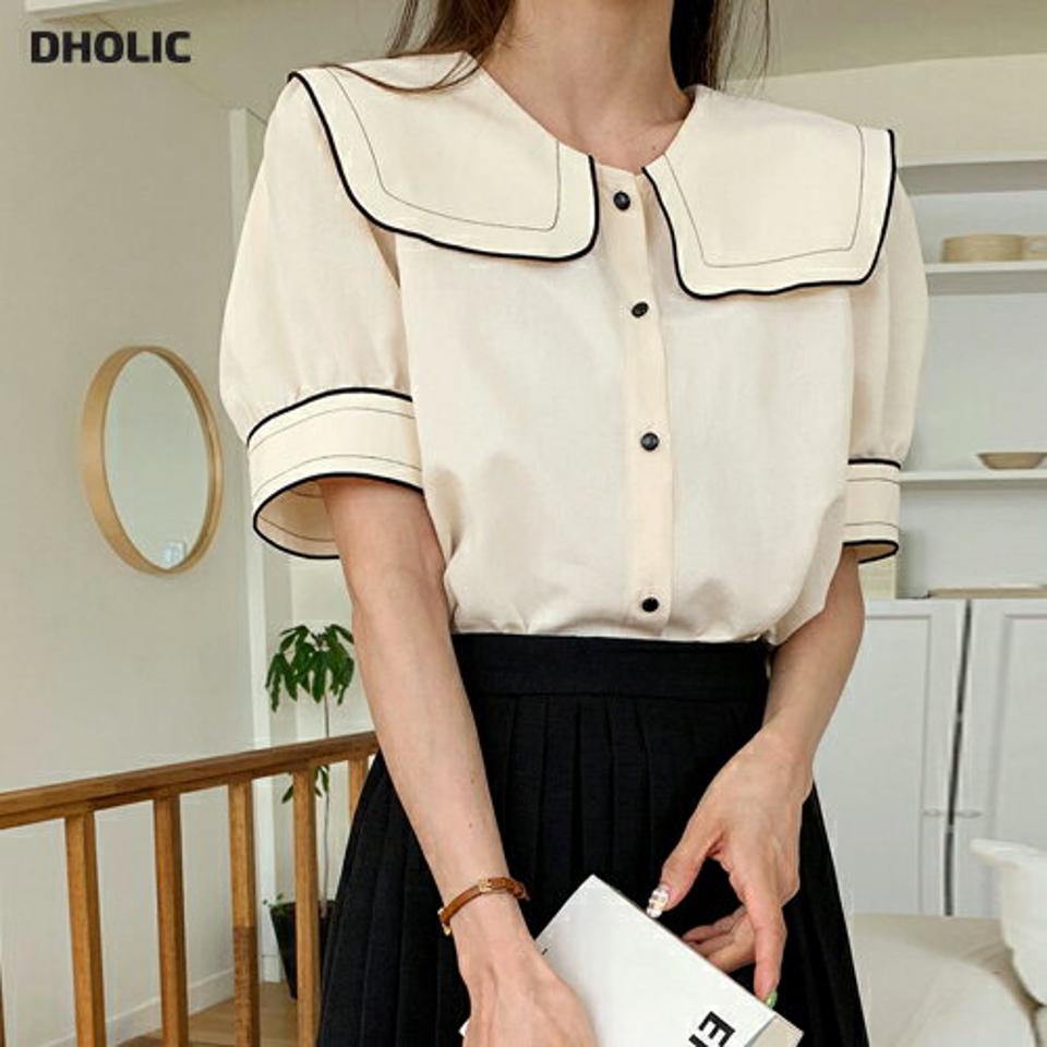 配色ビッグセーラーカラー半袖ブラウス・全4色・t00452 レディース 【bl】トップス ブラウス 半袖 ハーフスリーブ セーラーカラー 襟コン ガーリー かわいい 可愛い 大きい襟 パフ袖 パフスリーブ ラウンドヘム 春 夏 秋 韓国ファッション