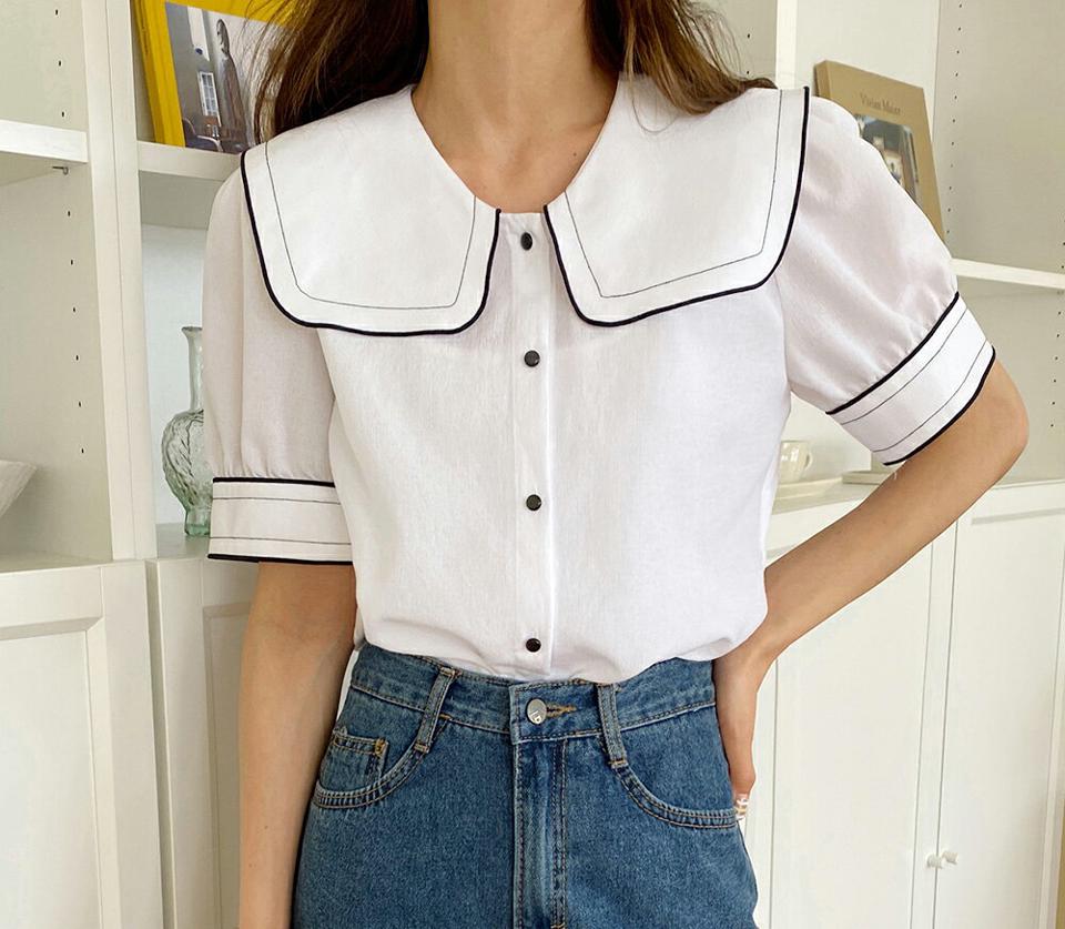 配色ビッグセーラーカラー半袖ブラウス・全4色・t00452 レディース 【bl】トップス ブラウス 半袖 ハーフスリーブ セーラーカラー 襟コン ガーリー かわいい 可愛い 大きい襟 パフ袖 パフスリーブ ラウンドヘム 春 夏 秋 韓国ファッション