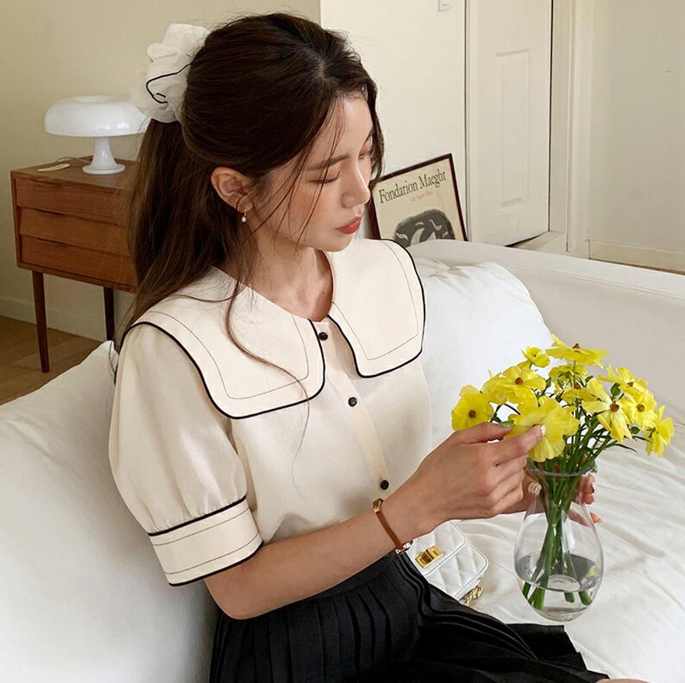 配色ビッグセーラーカラー半袖ブラウス・全4色・t00452 レディース 【bl】トップス ブラウス 半袖 ハーフスリーブ セーラーカラー 襟コン ガーリー かわいい 可愛い 大きい襟 パフ袖 パフスリーブ ラウンドヘム 春 夏 秋 韓国ファッション