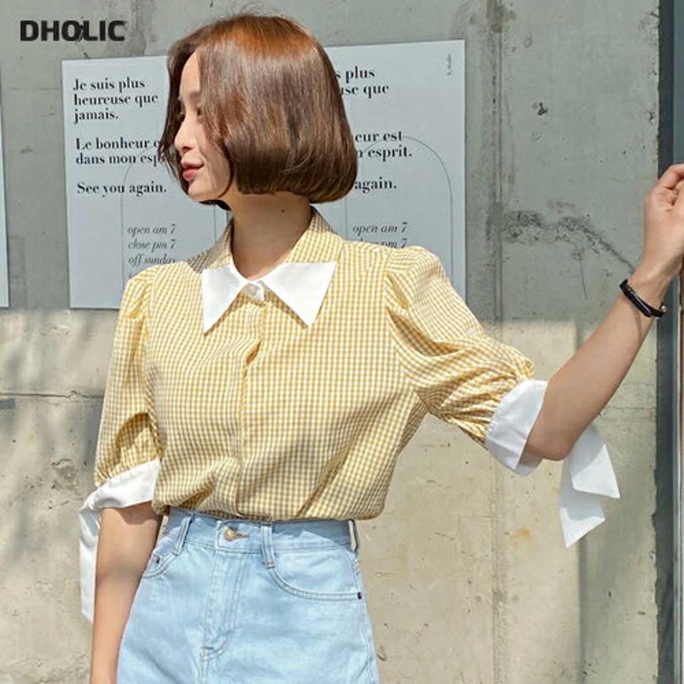 2TYPEパターン配色カラーブラウス・全5色・b66527 レディース 【bl】トップス ブラウス 半袖 ハーフスリーブ チェック柄 ギンガムチェック 襟 ストライプ柄 爽やか かわいい ガーリー 袖コン りぼん リボン パフスリーブ 春 夏 韓国ファッション