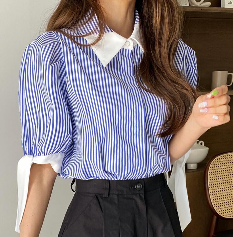 2TYPEパターン配色カラーブラウス・全5色・b66527 レディース 【bl】トップス ブラウス 半袖 ハーフスリーブ チェック柄 ギンガムチェック 襟 ストライプ柄 爽やか かわいい ガーリー 袖コン りぼん リボン パフスリーブ 春 夏 韓国ファッション