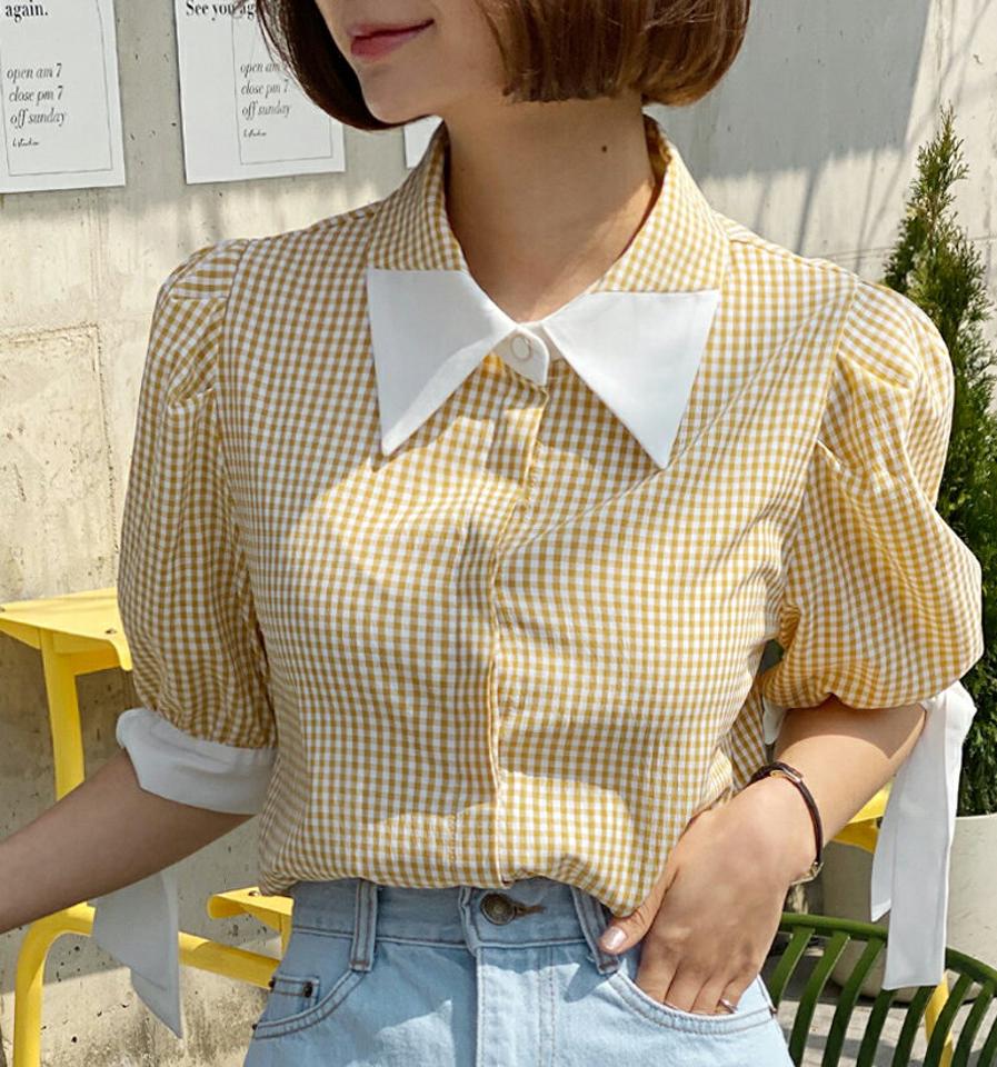 2TYPEパターン配色カラーブラウス・全5色・b66527 レディース 【bl】トップス ブラウス 半袖 ハーフスリーブ チェック柄 ギンガムチェック 襟 ストライプ柄 爽やか かわいい ガーリー 袖コン りぼん リボン パフスリーブ 春 夏 韓国ファッション