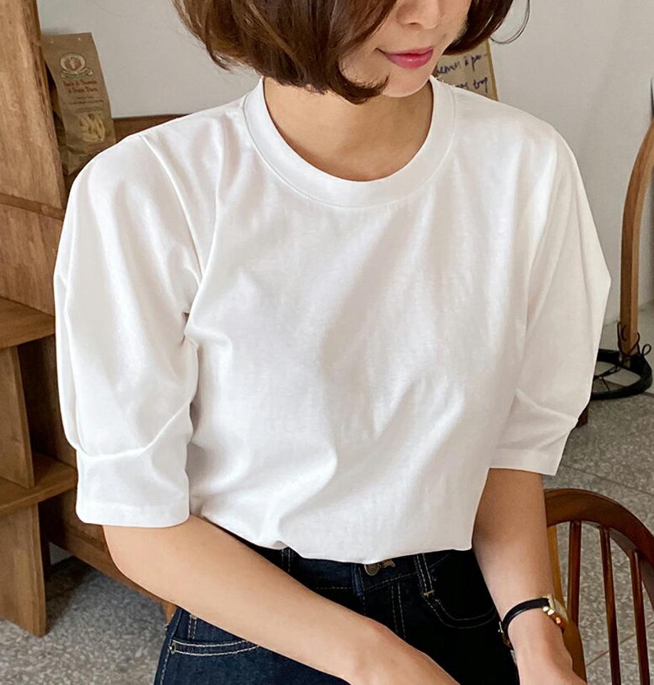 パフ半袖Tシャツ・全4色・t66522 レディース 【tops】トップス Tシャツ 半袖 ハーフスリーブ パフ袖 パフスリーブ 単色 無地 シンプル カジュアル かわいい 可愛い 無地T ラウンドネック ボリューム袖 春 夏 韓国ファッション