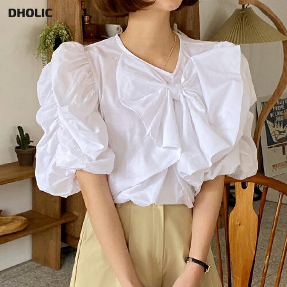 ビッグリボンパフブラウス・全3色・t66525 レディース 【bl】トップス ブラウス 半袖 ハーフスリーブ フリル りぼん パフ袖 パフスリーブ ガーリー かわいい 可愛い 個性的 ユニーク ゴム パールボタン ギャザー 襟コン 二の腕カバー 春 夏 韓国ファッション